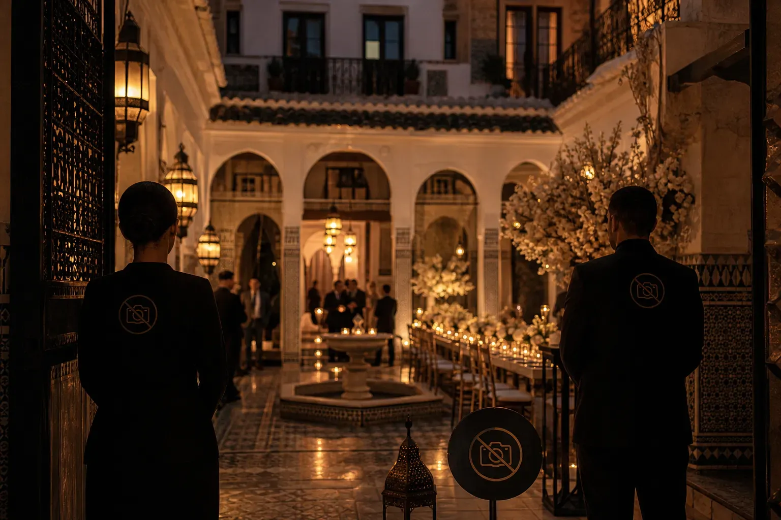 Service NoPhotos à Tétouan avec signalétique no-photo et accueil discret dans un riad andalou